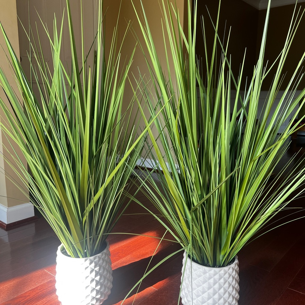 Green Artificial Grass in White Textured Planter